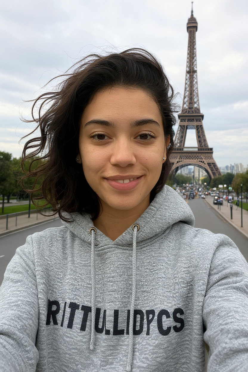Person in front of Eiffel Tower